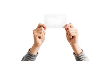Person holding a blank white square card with both hands isolated on transparent background