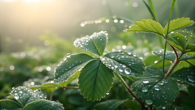 Close up of green leaves covered in water droplets with a blurred background on a sunny day