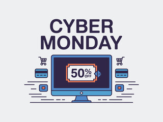 Cyber Monday Sale 50% Off with Computer and Gift Boxes