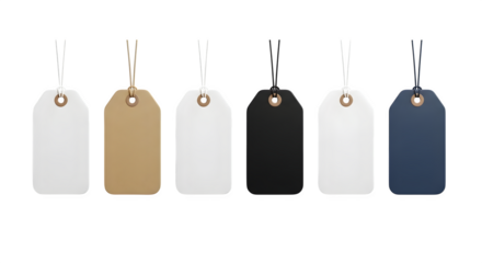 Collection of six blank price tags in various colors including white brown black and blue isolated on transparent background