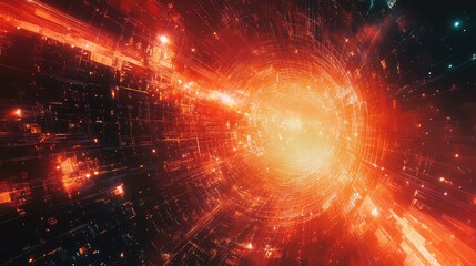 Digital wormhole tunnel with glowing data stream