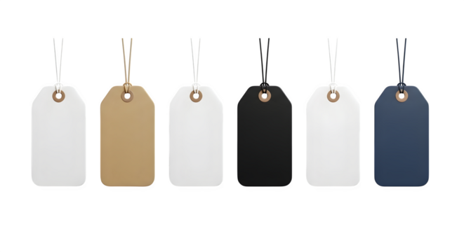 Collection of six blank price tags in various colors including white brown black and blue isolated on transparent background