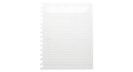 Blank white spiral bound notebook page with horizontal lines isolated on transparent background