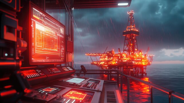 Offshore oil rig operation during stormy weather
