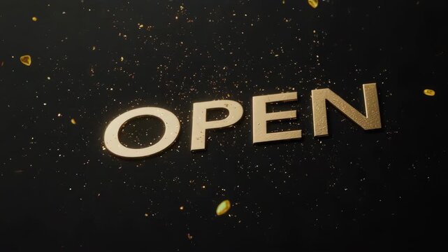 マットな黒の質感上にシンプルなOPEN文字が置かれ、その周囲を金色の微粒子が静かに渦巻くミニマル映像。
柔らかなゴールドダストが高級感と落ち着きを演出し、静寂な雰囲気を形成。