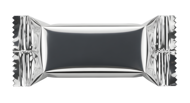 Shiny metallic silver foil wrapper for a small square candy or chocolate isolated on transparent background