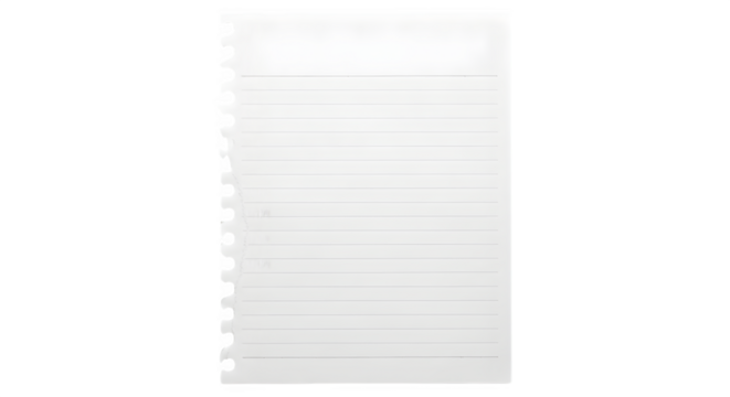 Blank white spiral bound notebook page with horizontal lines isolated on transparent background