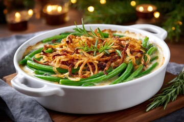 Green bean casserole with fried onions and rosemary