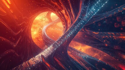 Digital dna strand shaping fiery abstract cosmos