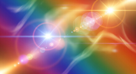 Vibrant rainbow spectrum with glowing light flares and ethereal wisps creating a magical and energetic abstract background