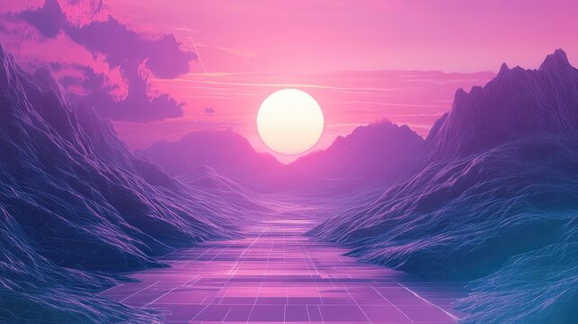 Synthwave digital landscape with sun and retro grid - Powered by Adobe