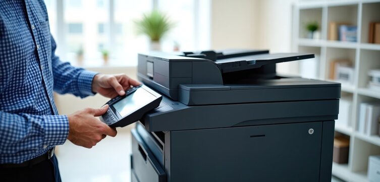 Man in office uses multi-function machine. Person presses button on control panel, scans document or makes printout. Workplace equipment for copy, print, scan tasks.