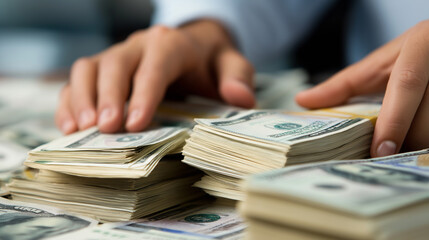 Hands sort through large stacks of money on a table.
