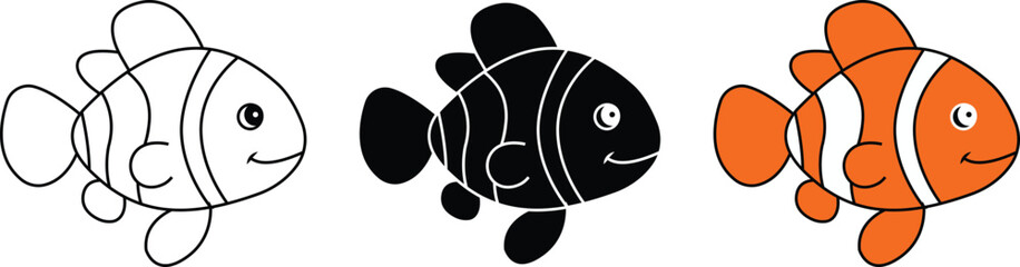 Editable fish icon set outline, silhouette and flat design. Hand drawing line art vector on white background.