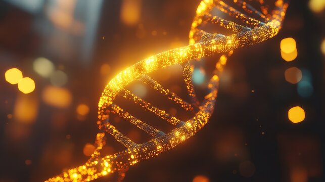 Glowing golden dna helix structure representing genetic technology and science