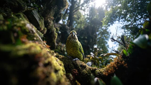 A vibrant bird with patterned feathers perched on a moss-covered branch in a sunlit forest