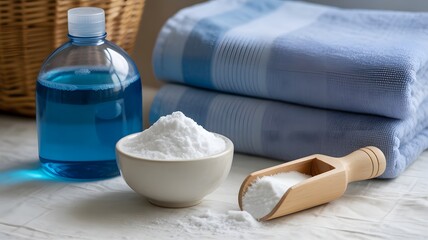 Laundry day baking soda, detergent, and folded towels with basket in background