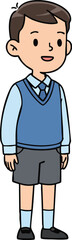 Illustration of a cheerful young boy in a school uniform standing against a clean white background with a friendly expression.