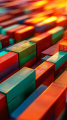 Fototapeta premium Colorful shipping containers are arranged in rows under warm sunlight. 