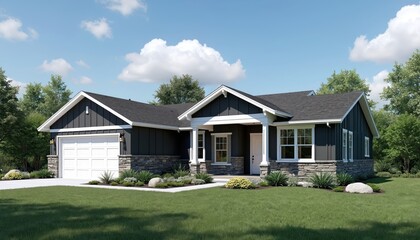 Modern dark gray home with stone accents, white trim. Features two car garage, manicured lawn, mature trees under blue sky with clouds. New residential property inviting front entrance, clean