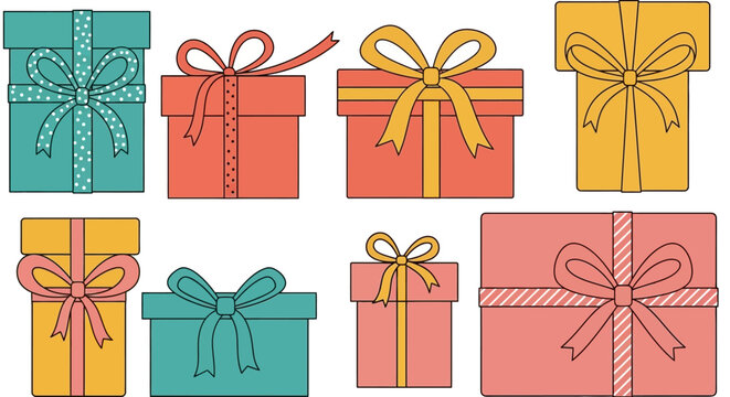 A vibrant collection of beautifully wrapped gift boxes in various sizes and festive colors, adorned with elegant bows, perfect for celebrating special occasions and holidays.