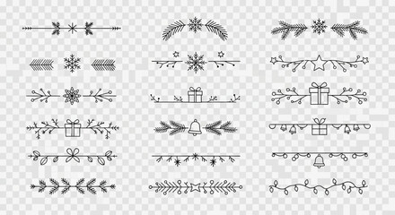 A charming collection of hand-drawn Christmas and winter-themed decorative dividers and borders, perfect for festive graphic design projects and holiday season invitations.