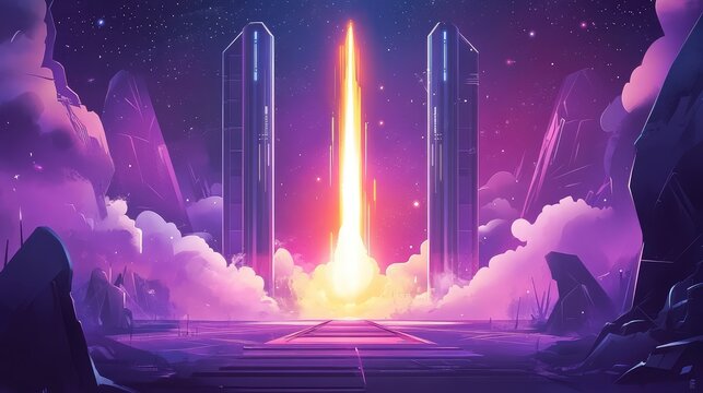 Sci fi scene with futuristic towers launching energy beam - Powered by Adobe