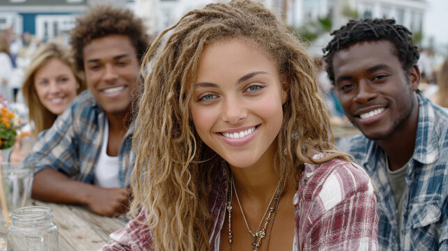 Happy together, A diverse group of young adults enjoying lunch together in a casual setting. - Powered by Adobe