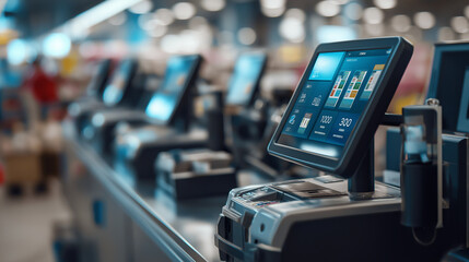 Smart self-checkout kiosk scanning products with holographic price tags and digital totals.