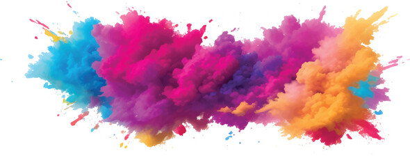 Bright Pink Blue and Yellow Powder Blast Forming a Surreal Multicolor Cloud of Smoke Over White Background Ideal for Festival Concepts Holi Artwork Color Explosion Advertising