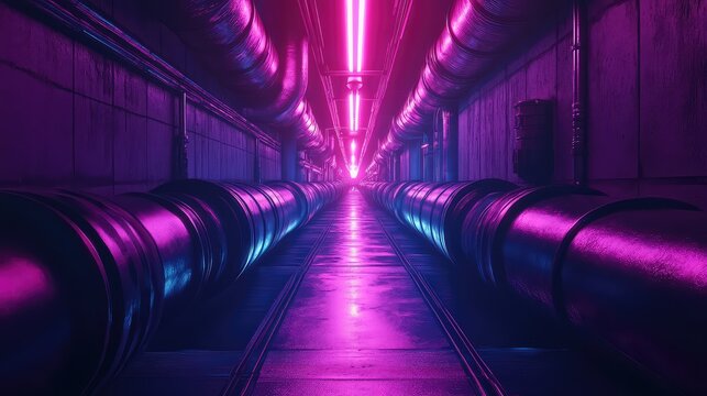 Futuristic cyberpunk tunnel with neon light pipes