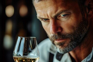 Sommelier man evaluating white wine taste