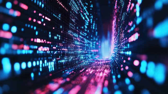 Abstract digital data stream moving through tunnel