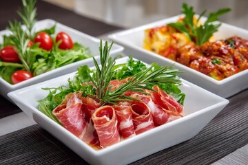 Italian antipasto platter displaying cured prosciutto and fresh ingredients