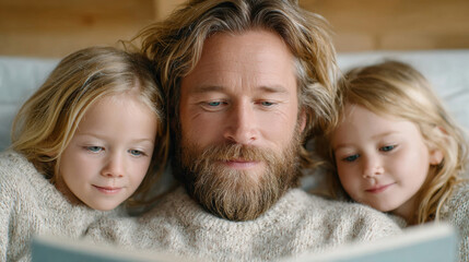 Happy together, A father reads a bedtime story to his children, creating a warm, intimate family moment.