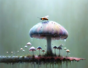Mushrooms and Insect &ndash; A surreal acrylic scene of floating mushrooms and a curious insect, forming a whimsical, fairytale-like world.