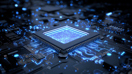 Ultra-detailed futuristic server processor chip with glowing nanotech circuits and blue energy patterns.
