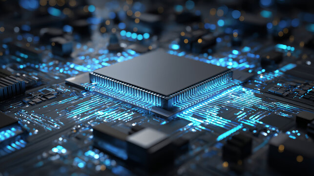 Ultra-detailed futuristic server processor chip with glowing nanotech circuits and blue energy patterns.