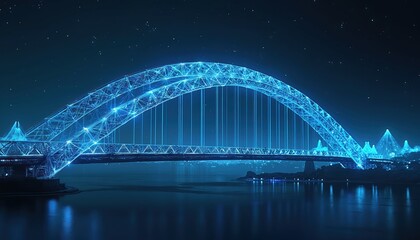 Obraz premium Digital bridge with glowing blue lines over dark water at night. Futuristic structure symbolizes connection and technology. City lights shimmer across the bay.