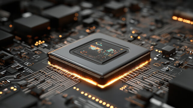 Ultra-detailed quantum processor core with floating luminous qubits above a metallic microchip surface inside a highly advanced computing chamber