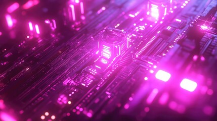 Digital circuit board glowing with vibrant neon pink light