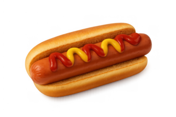 Hot dog with ketchup and mustard on a toasted bun, classic american fast food snack for events and bbqs