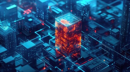 Futuristic smart city with glowing data network lines