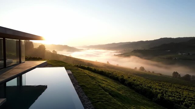 Minimalist modern house with infinity pool at sunrise over misty vineyard hills