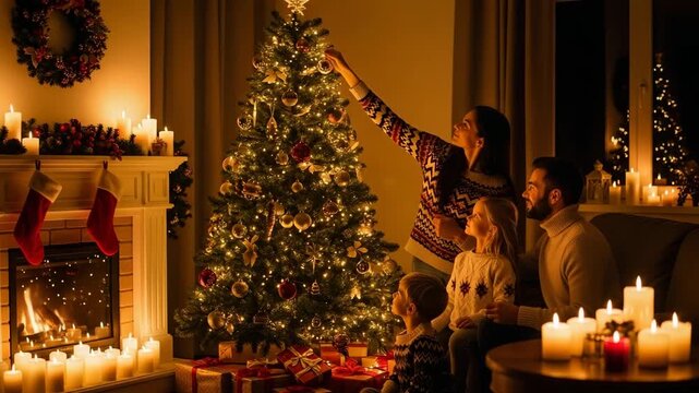 Happy Family Decorating Christmas Tree Together in Cozy Living Room