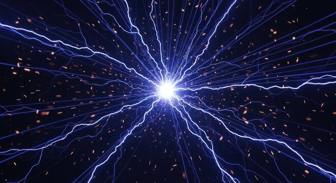 A blue and purple lightning bolt with sparks in the background.