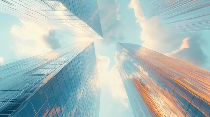 Glass skyscrapers reflecting sky and clouds from low angle