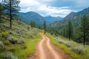 Fototapeta premium Winding dirt road through mountain forest valley