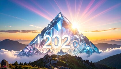 Crystal Peak: “2026” Rises Before a Translucent Mountain Bathed in Sunrise Light, Celebrating a Surreal Vision of Time, Nature, and Futuristic Wonder in a Landscape of Color and Reflection