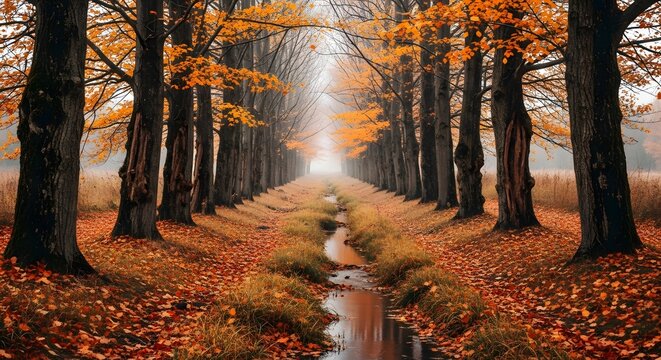 Autumn tree-lined avenue with a small stream running through the center, covered in vibrant orange and red fallen leaves leading into a misty horizon.